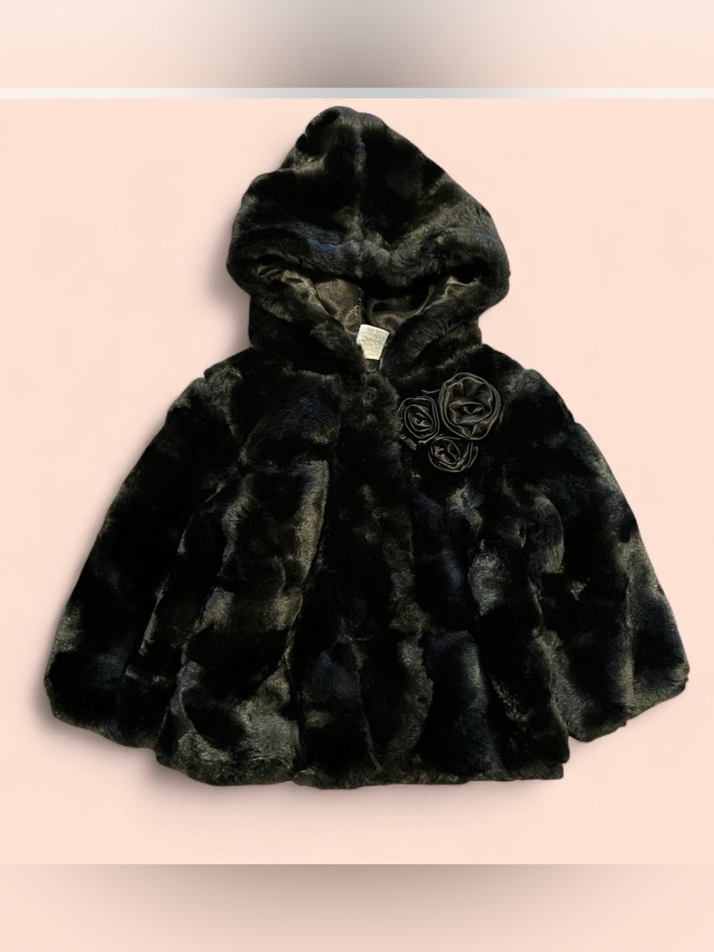 NWT Guess Size 18 months black faux fur hooded fully lined coat with rose detail